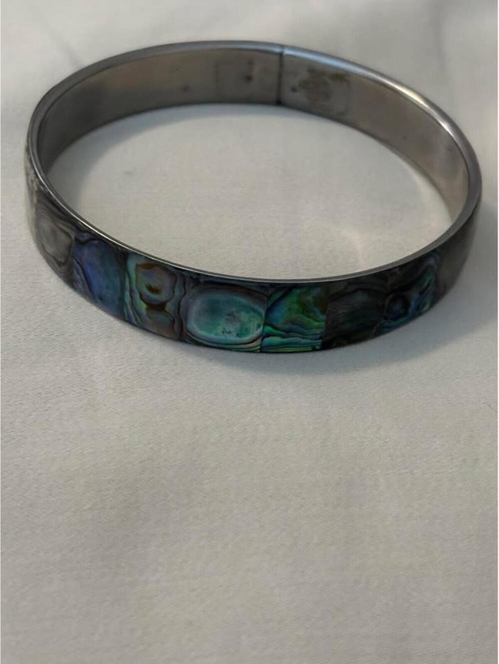 Abalone Shell Inlay Silver Bangle Bracelet